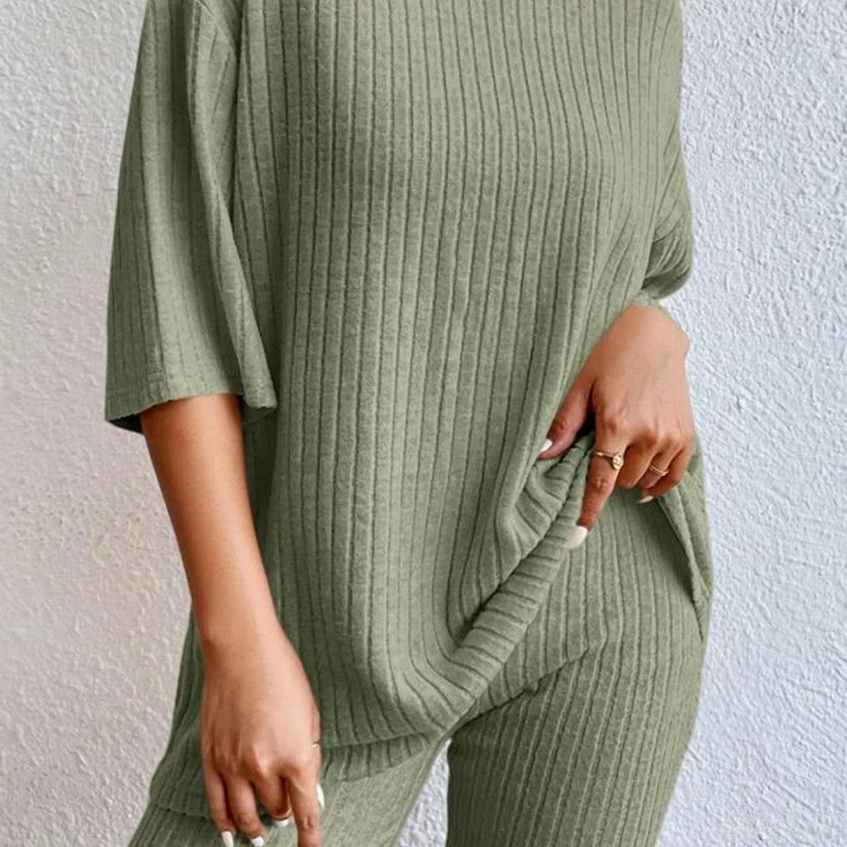 Round Neck Ribbed Top and Shorts Lounge Set — square view — Livostyle