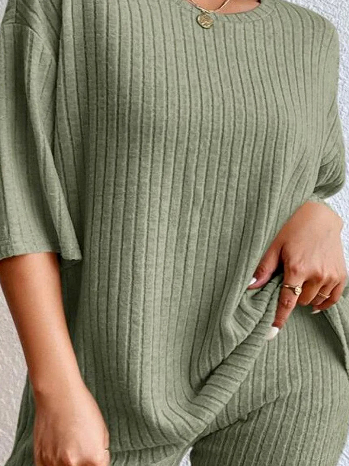 Round Neck Ribbed Top and Shorts Lounge Set — detail view — Livostyle