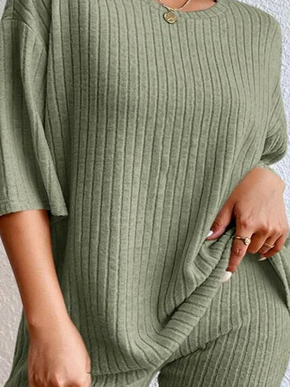 Round Neck Ribbed Top and Shorts Lounge Set — detail view — Livostyle