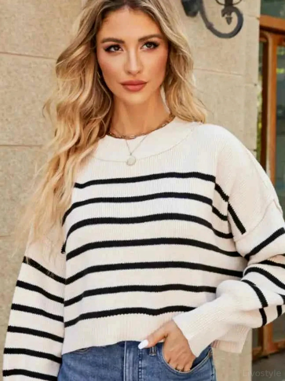 Round Neck Striped Lantern Sleeve Sweater — detail view — Livostyle