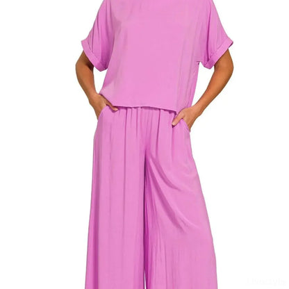 Round Neck T-Shirt and Wide Leg Pants Set in Bright Mauve — square view — Livostyle