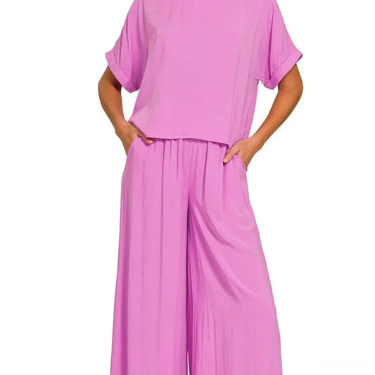 Round Neck T-Shirt and Wide Leg Pants Set in Bright Mauve — square view — Livostyle