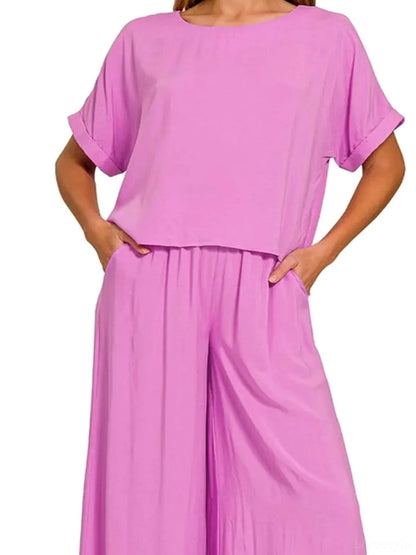 Round Neck T-Shirt and Wide Leg Pants Set in Bright Mauve — detail view — Livostyle