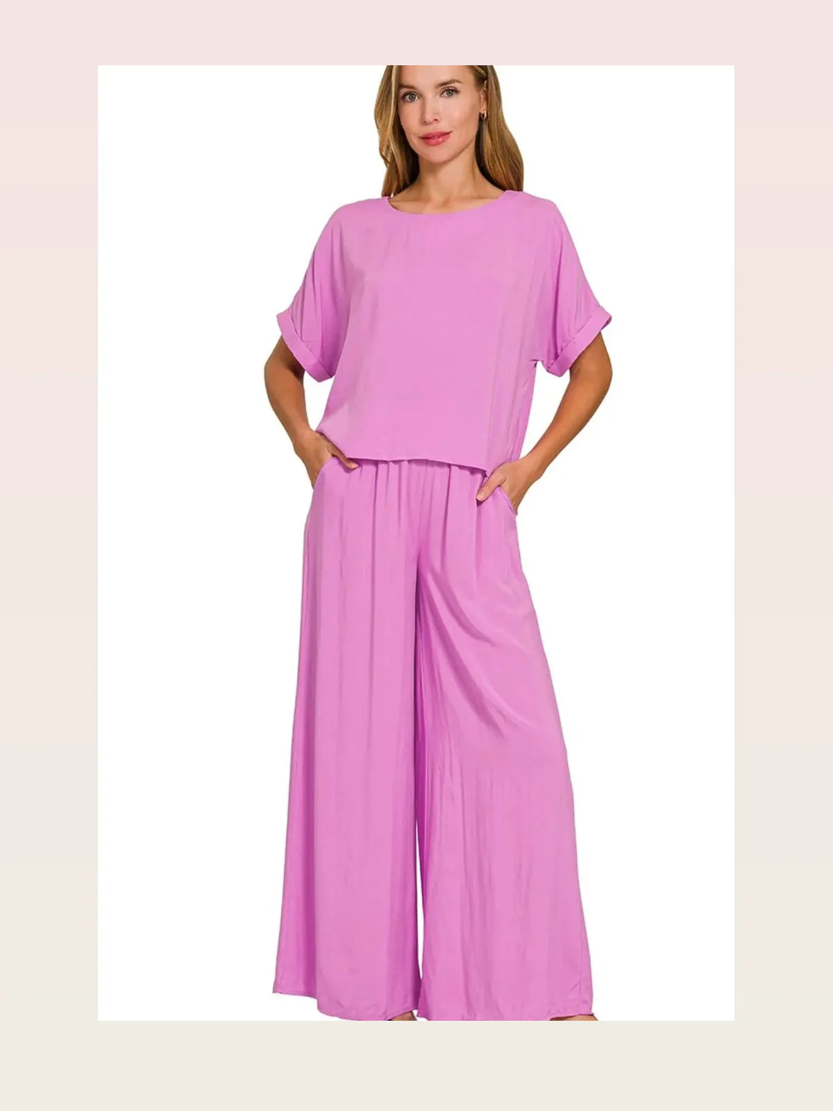 Round Neck T-Shirt and Wide Leg Pants Set in Bright Mauve — styled showcase — Livostyle