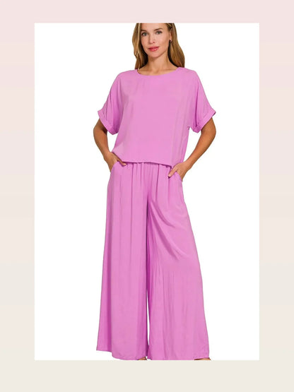 Round Neck T-Shirt and Wide Leg Pants Set in Bright Mauve — styled showcase — Livostyle