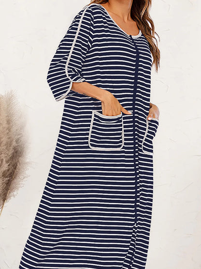 Round Neck Three-Quarter Sleeve Midi Night Dress — detail view — Livostyle