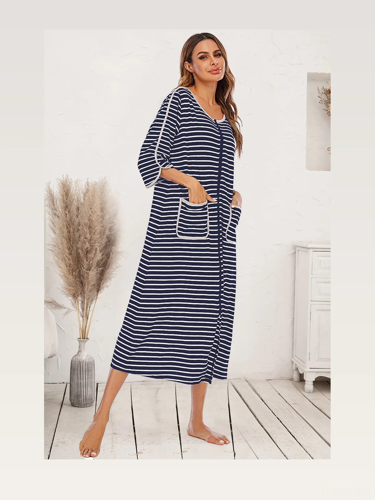 Round Neck Three-Quarter Sleeve Midi Night Dress — styled showcase — Livostyle