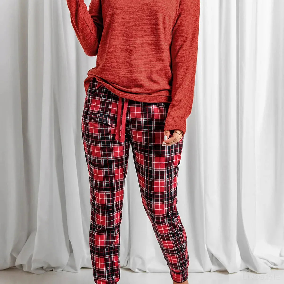 Round Neck Top and Drawstring Plaid Pants Lounge Set — square view — Livostyle