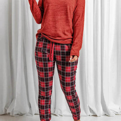 Round Neck Top and Drawstring Plaid Pants Lounge Set — square view — Livostyle
