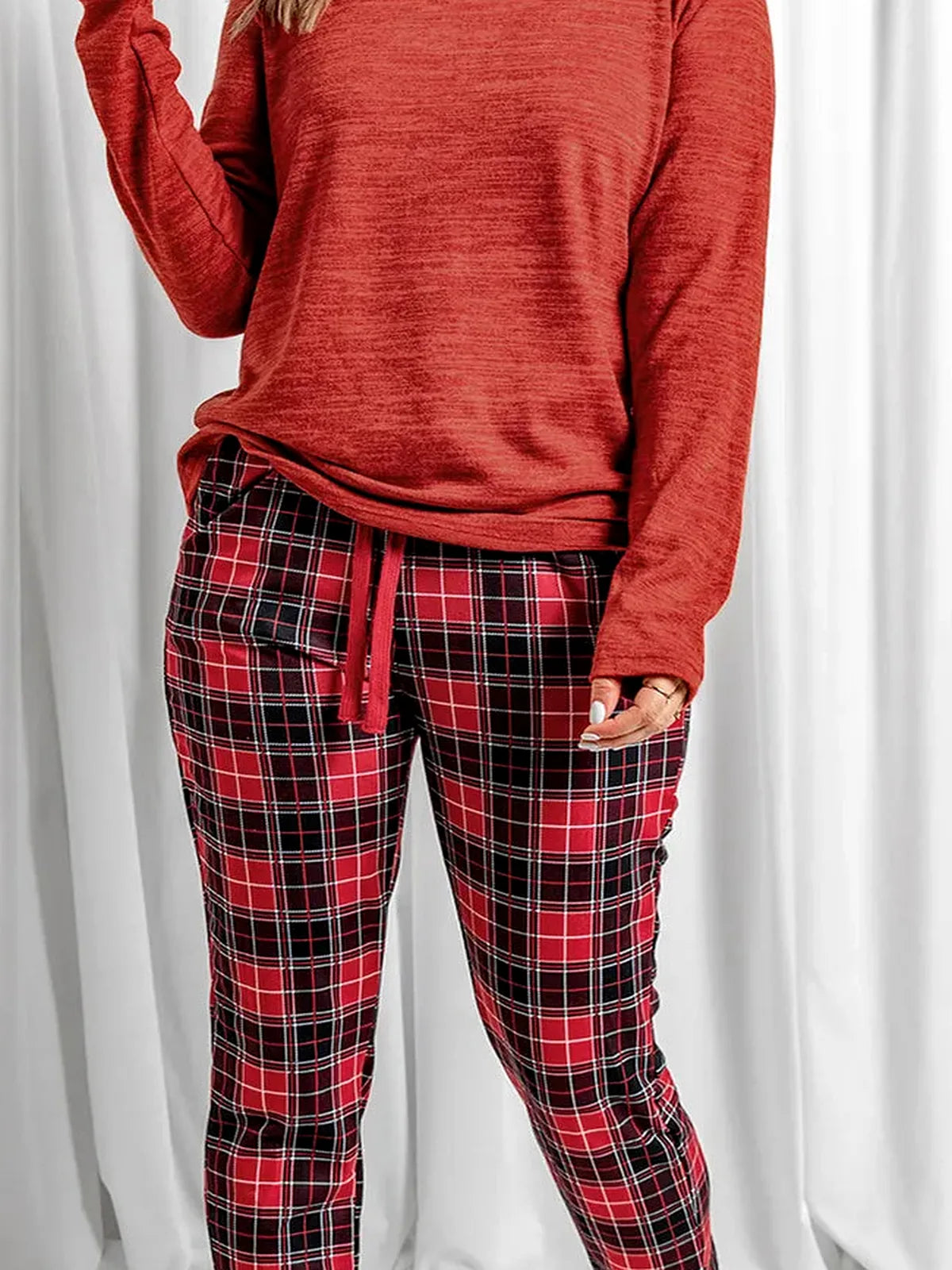 Round Neck Top and Drawstring Plaid Pants Lounge Set — detail view — Livostyle