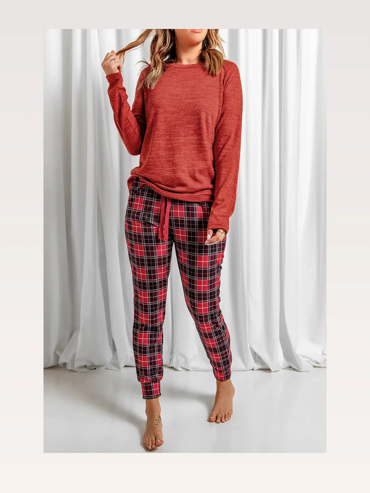 Round Neck Top and Drawstring Plaid Pants Lounge Set — styled showcase — Livostyle