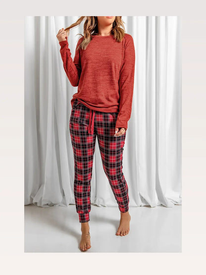Round Neck Top and Drawstring Plaid Pants Lounge Set — styled showcase — Livostyle