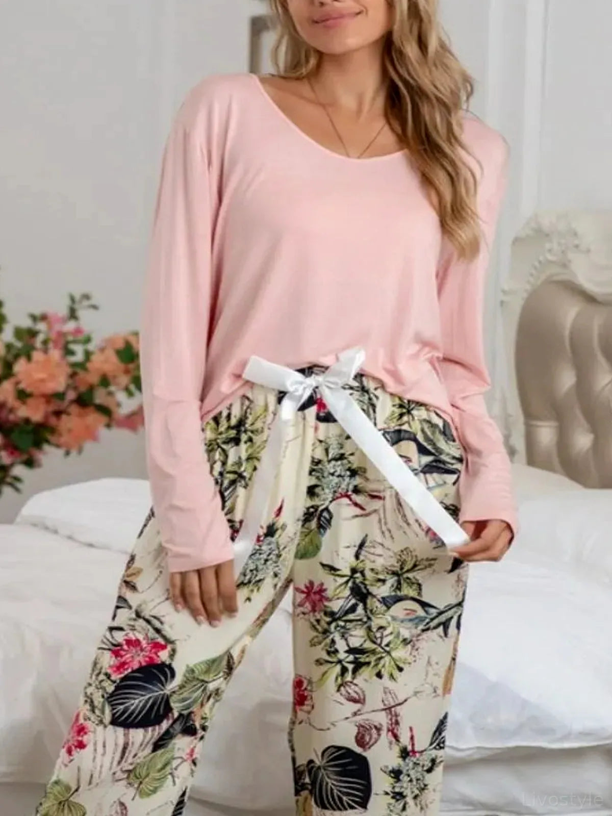 Round Neck Top and Printed Pants Lounge Set — detail view — Livostyle