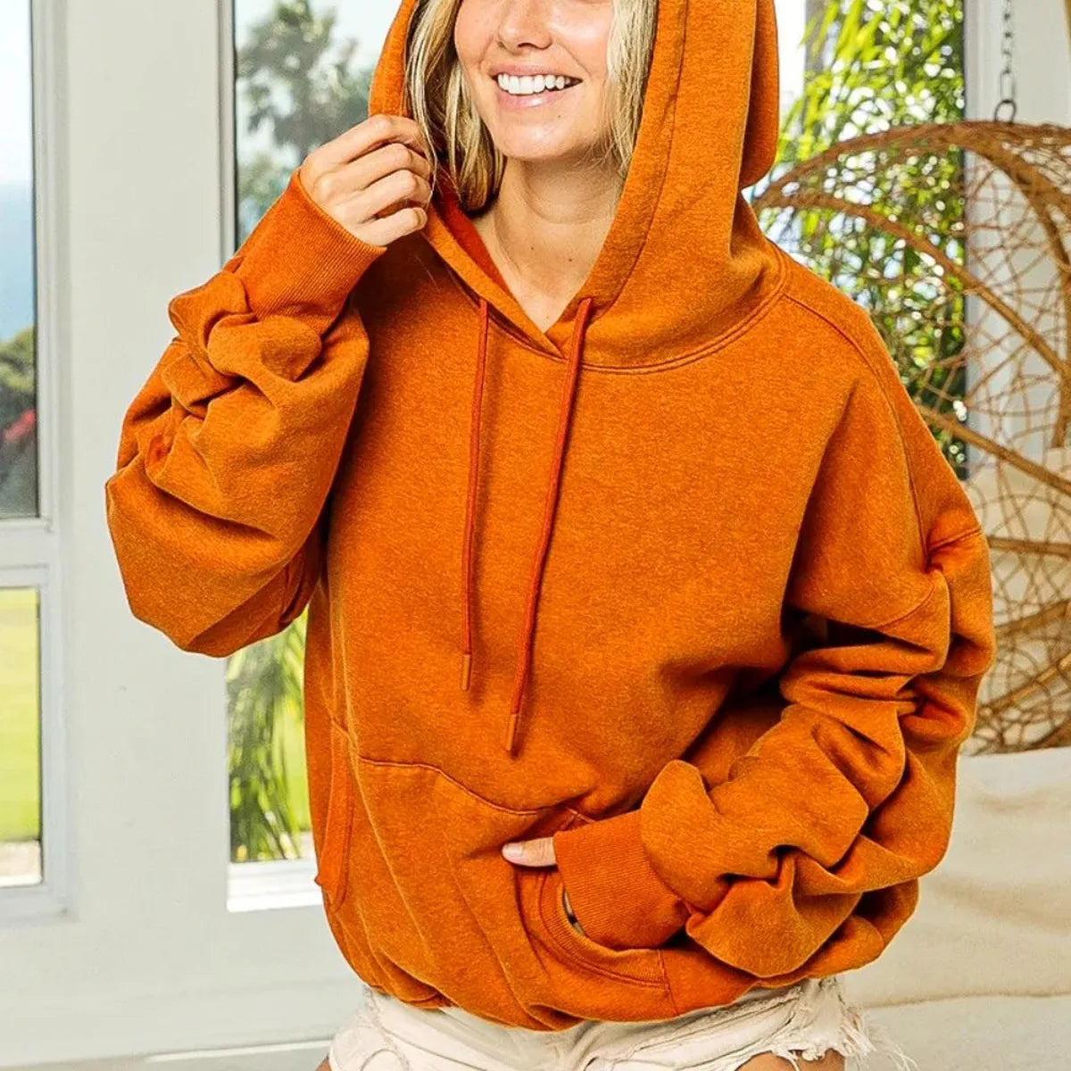 Stylish Ruched Fleece Hoodie with Long Sleeves — square view — Livostyle