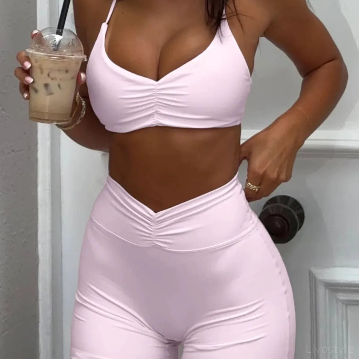Ruched Sports Bra and High-Waisted Shorts Active Set — square view — Livostyle
