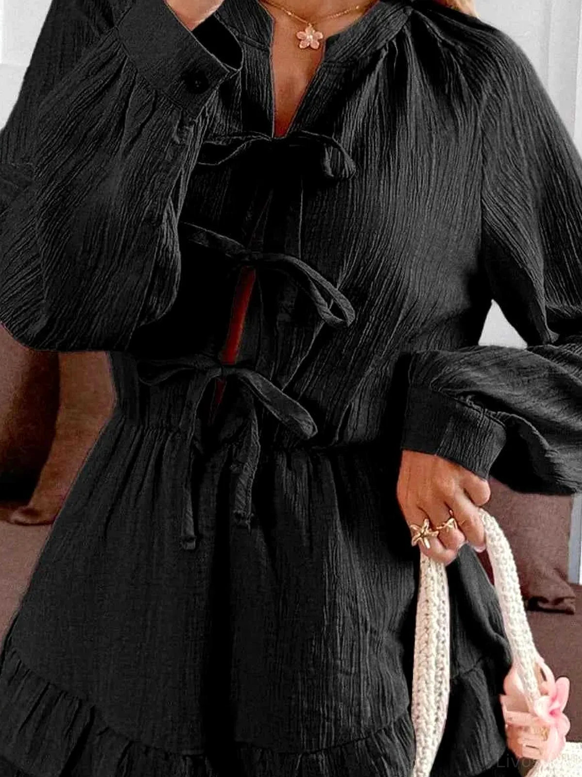 Ruffle Hem Tie Front Romper — detail view — Livostyle