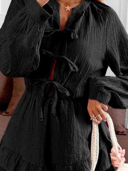 Ruffle Hem Tie Front Romper — detail view — Livostyle