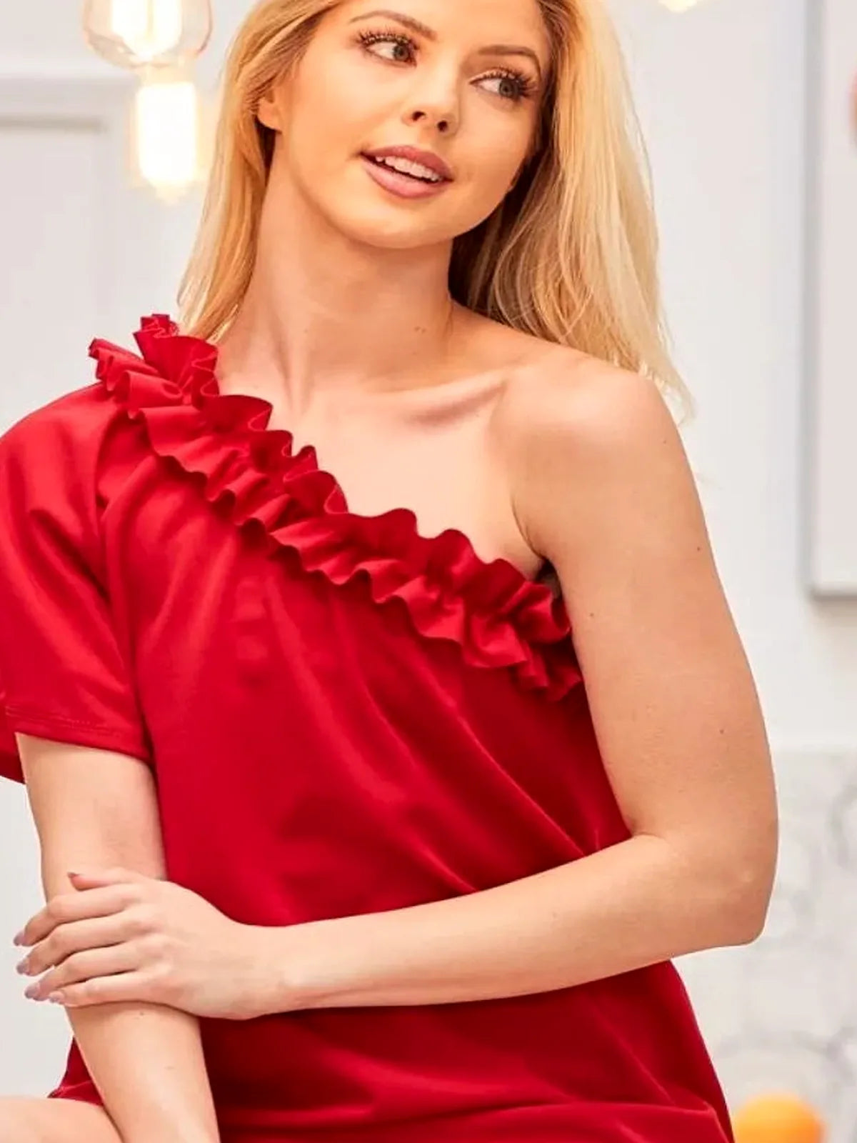 Elegant Asymmetrical Ruffled Crepe Top — detail view — Livostyle