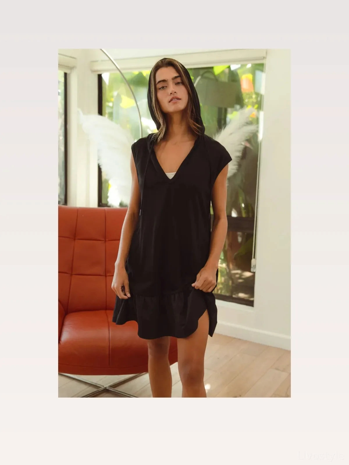 Elegant & Cozy French Terry Hooded Dress with Ruffles — styled showcase — Livostyle