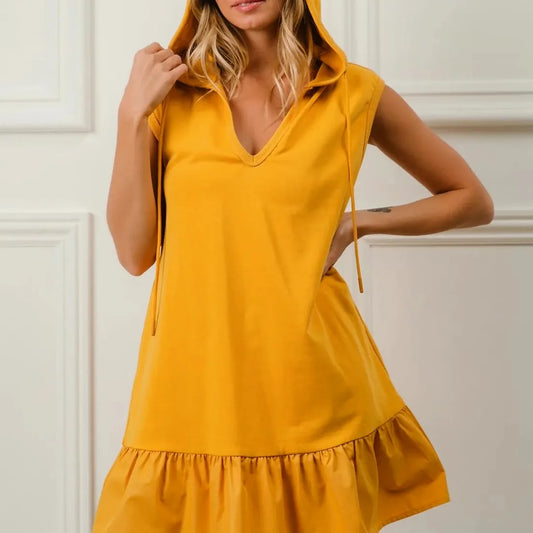 Chic Hooded Dress with Ruffles in French Terry — square view — Livostyle