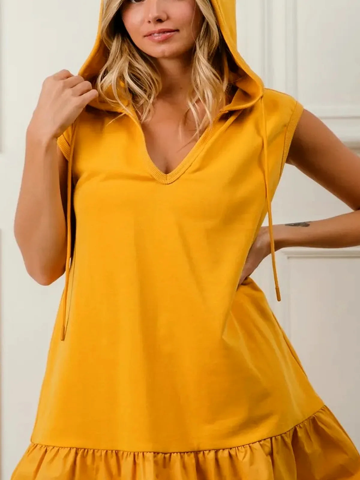 Chic Hooded Dress with Ruffles in French Terry — detail view — Livostyle