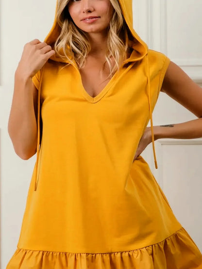 Chic Hooded Dress with Ruffles in French Terry — detail view — Livostyle