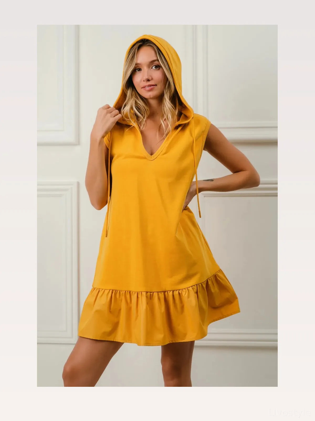Chic Hooded Dress with Ruffles in French Terry — styled showcase — Livostyle