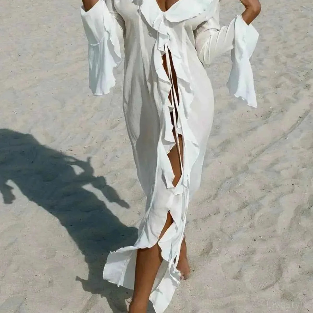Ruffled Long Sleeve Cover-Up Dress — square view — Livostyle