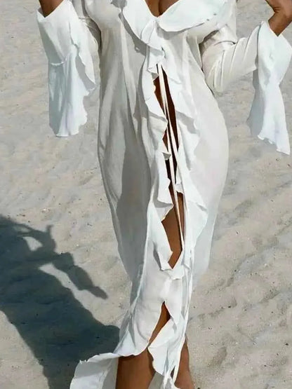 Ruffled Long Sleeve Cover-Up Dress — detail view — Livostyle