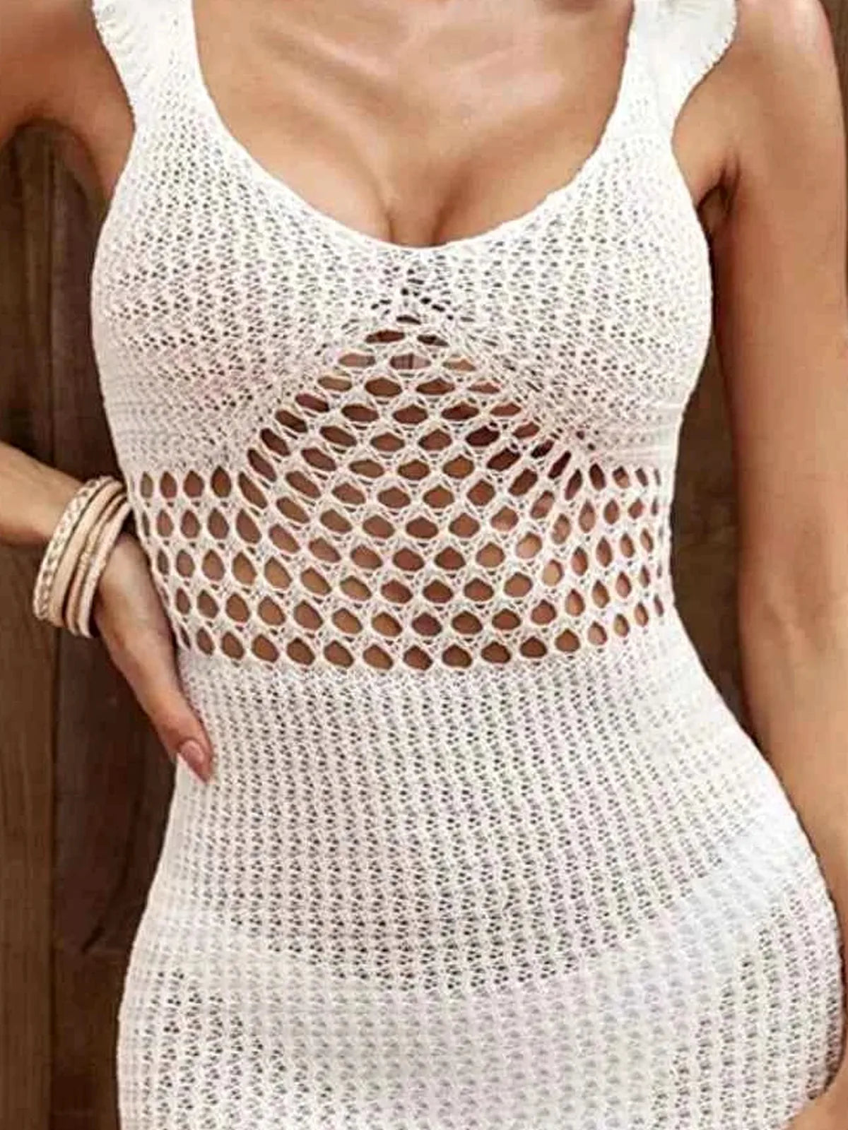 Ruffled Openwork Sleeveless Cover-Up Dress — detail view — Livostyle