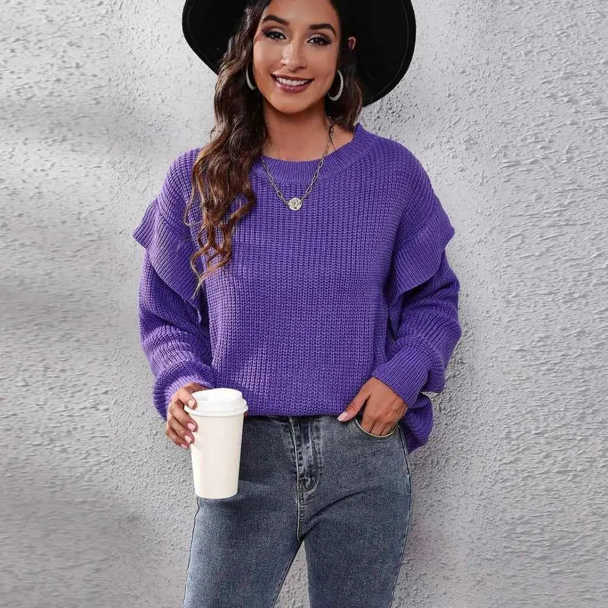 Ruffled Round Neck Dropped Shoulder Sweater — square view — Livostyle