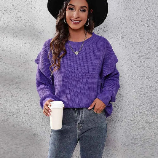 Ruffled Round Neck Dropped Shoulder Sweater — square view — Livostyle