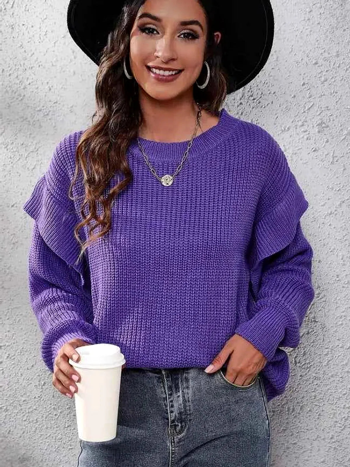 Ruffled Round Neck Dropped Shoulder Sweater — detail view — Livostyle