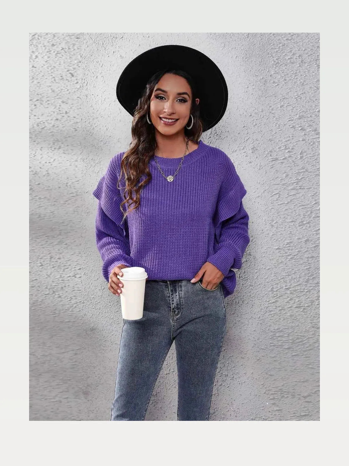 Ruffled Round Neck Dropped Shoulder Sweater — styled showcase — Livostyle