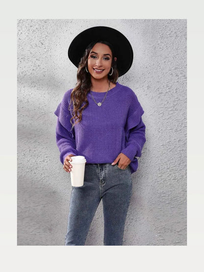 Ruffled Round Neck Dropped Shoulder Sweater — styled showcase — Livostyle