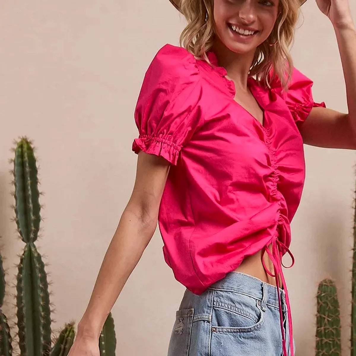 Chic Ruffled Square Neck Top with Dramatic Puff Sleeves — square view — Livostyle