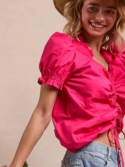 Chic Ruffled Square Neck Top with Dramatic Puff Sleeves — detail view — Livostyle