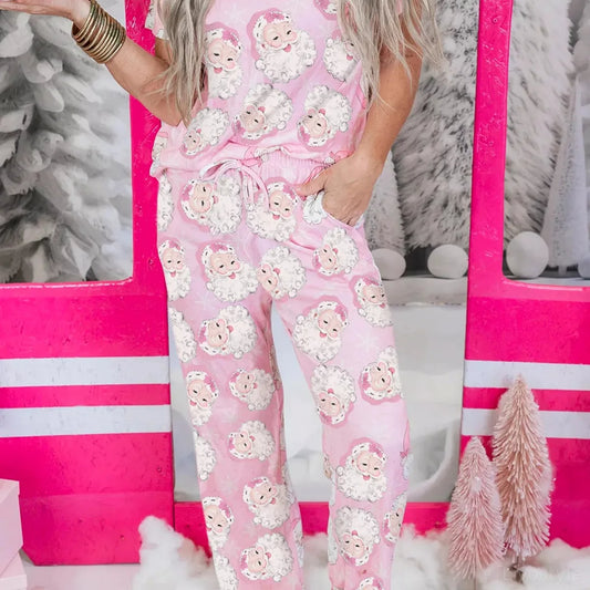 Santa Claus Print V Neck Tee Drawstring Pants 2pcs Lounge Se — square view — Livostyle