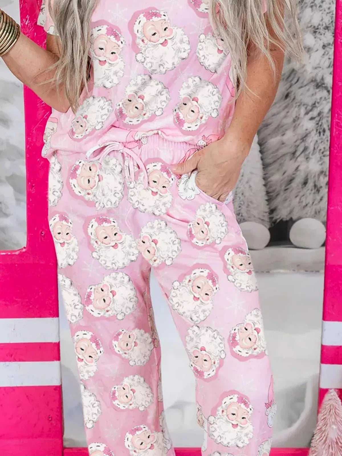 Santa Claus Print V Neck Tee Drawstring Pants 2pcs Lounge Se — detail view — Livostyle