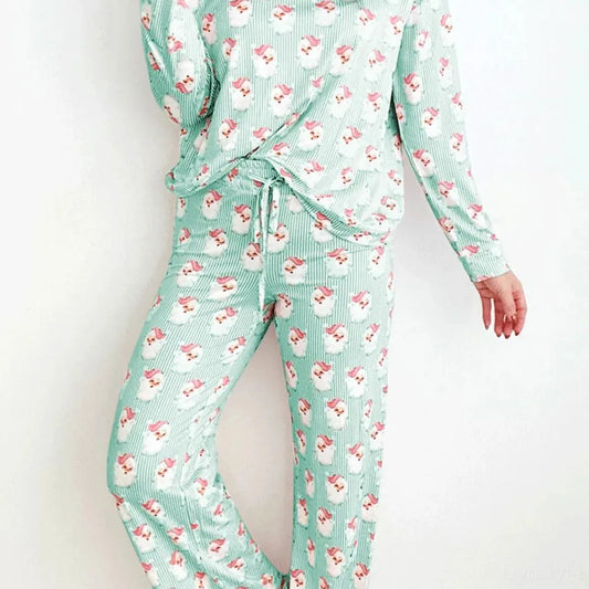 Santa Print Long Sleeve Top and Pants Lounge Set — square view — Livostyle