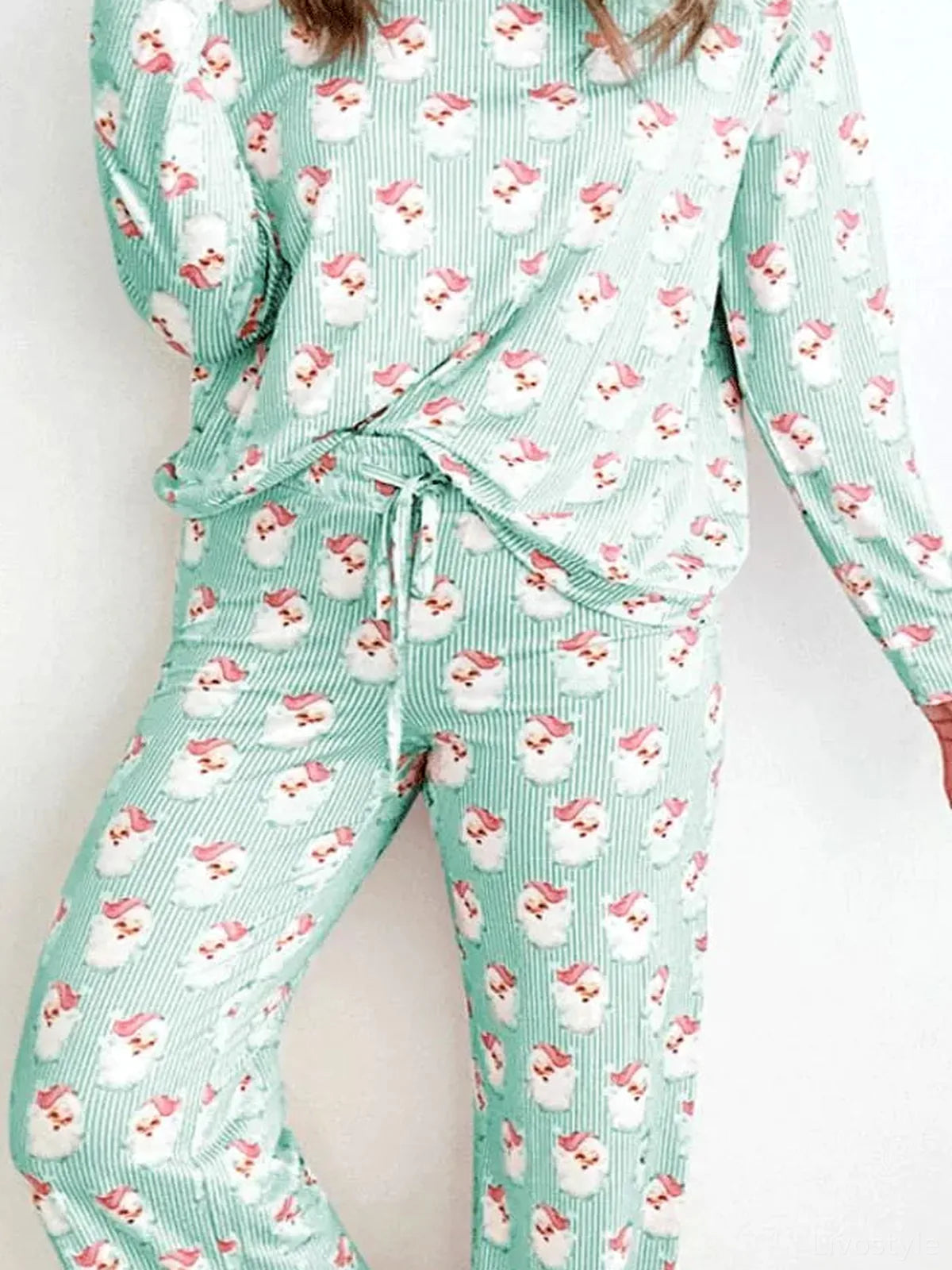 Santa Print Long Sleeve Top and Pants Lounge Set — detail view — Livostyle