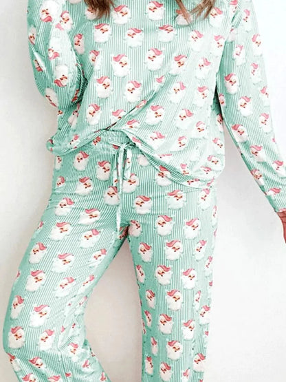 Santa Print Long Sleeve Top and Pants Lounge Set — detail view — Livostyle