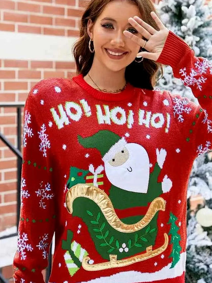 Santa Round Neck Long Sleeve Sweater — detail view — Livostyle