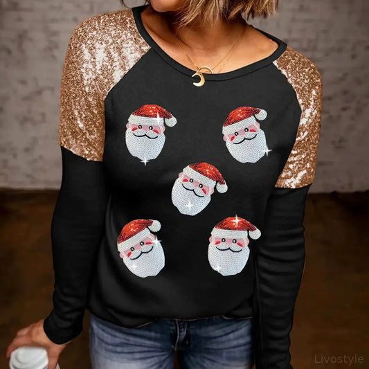 Santa Sequin Long Sleeve Round Neck Top — square view — Livostyle