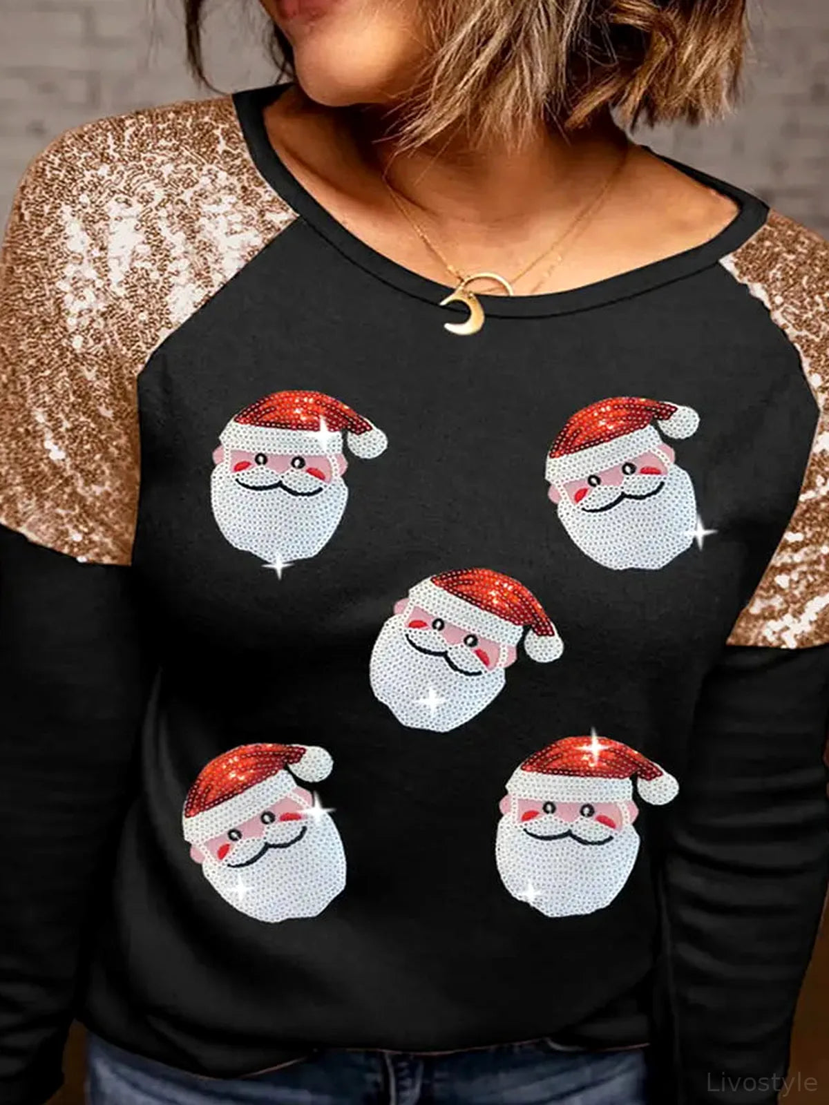 Santa Sequin Long Sleeve Round Neck Top — detail view — Livostyle