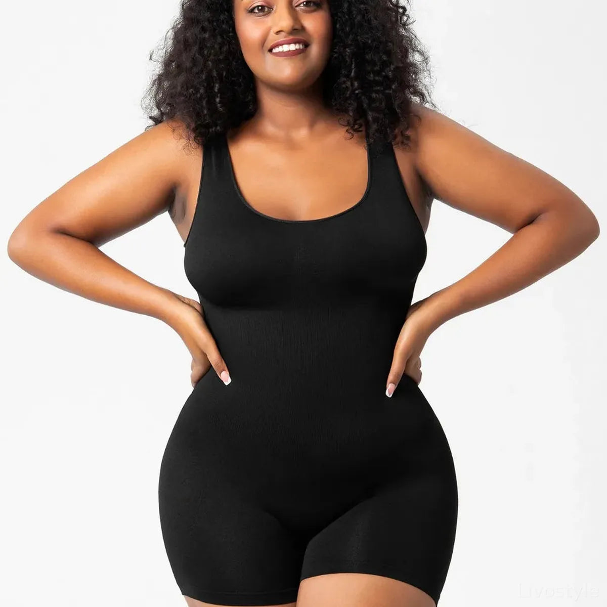 Scoop Neck Wide Strap Shaping Romper — square view — Livostyle