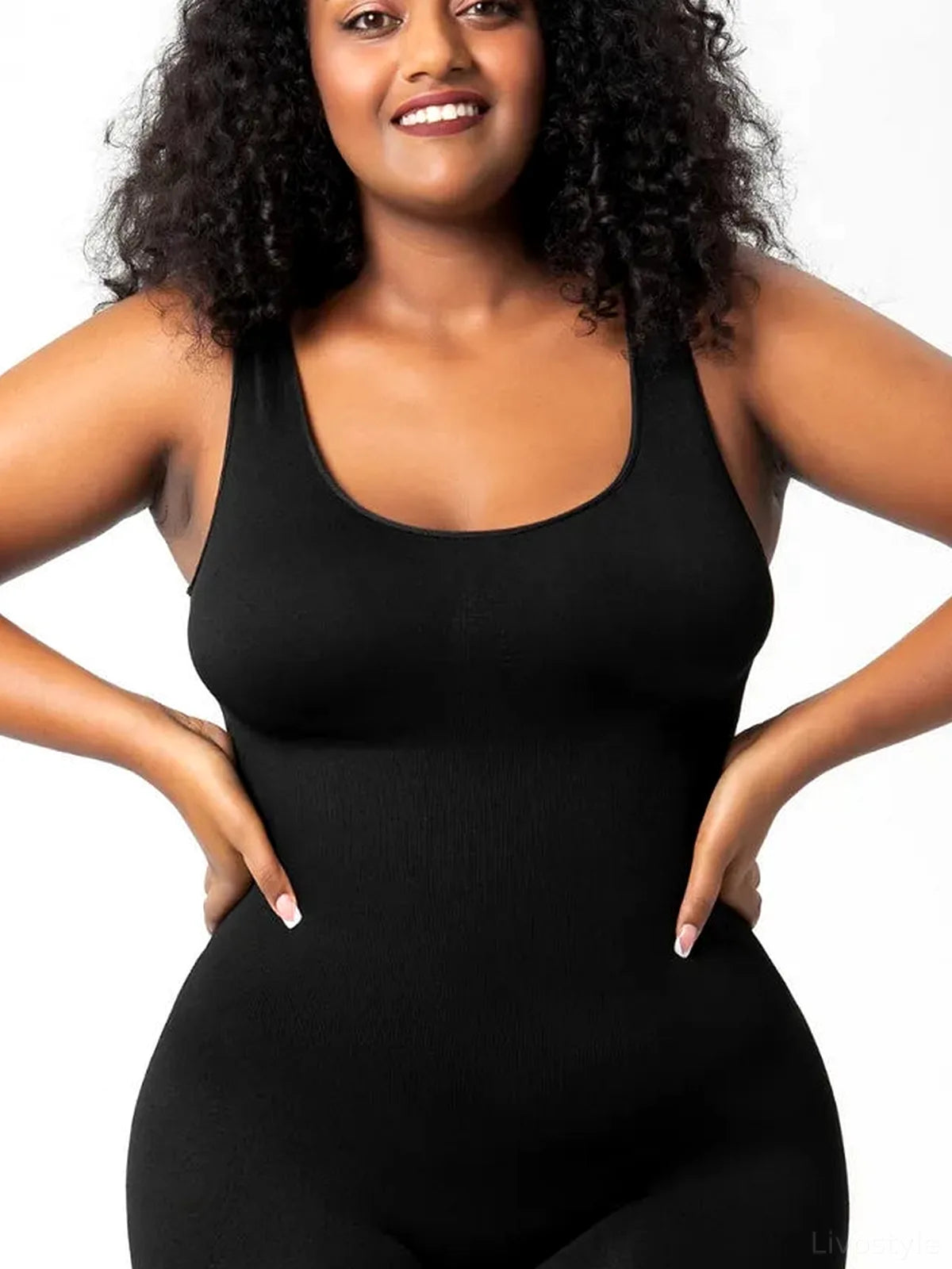 Scoop Neck Wide Strap Shaping Romper — detail view — Livostyle