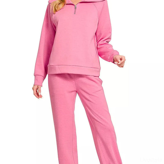 Scuba Half Zip Sweatshirts and Joggers Set in CANDY PINK — square view — Livostyle