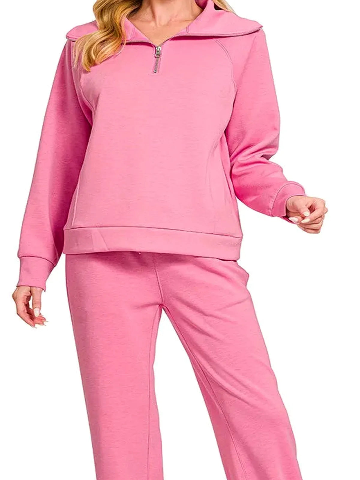 Scuba Half Zip Sweatshirts and Joggers Set in CANDY PINK — detail view — Livostyle