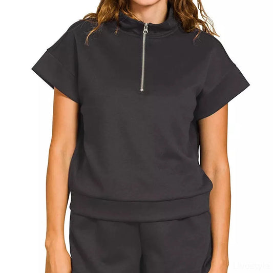 Scuba High Neck Half Zip Top and Dolphin Shorts Set — square view — Livostyle